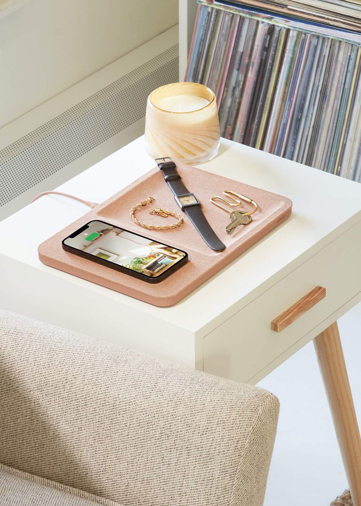 Charger on white side table